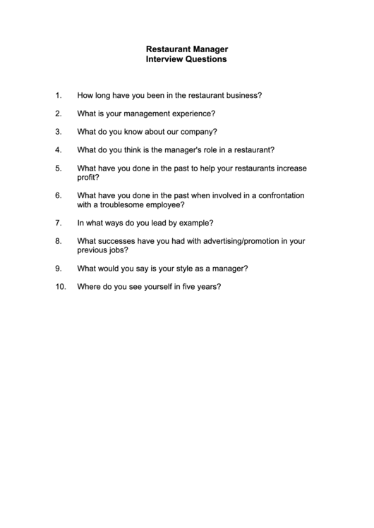 Restaurant Manager Interview Questions Printable pdf