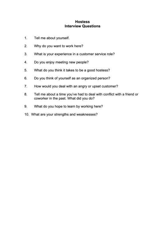 Hostess Interview Questions Template Printable pdf