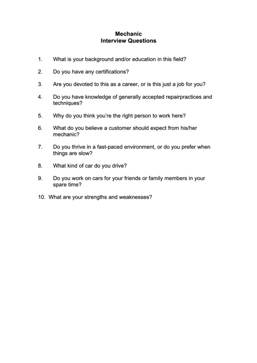 Mechanic Interview Questions Printable pdf