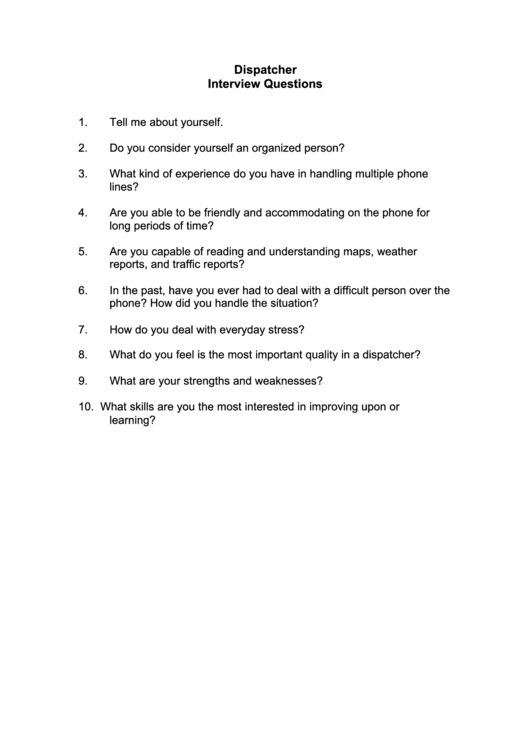 Dispatcher Interview Questions Printable pdf