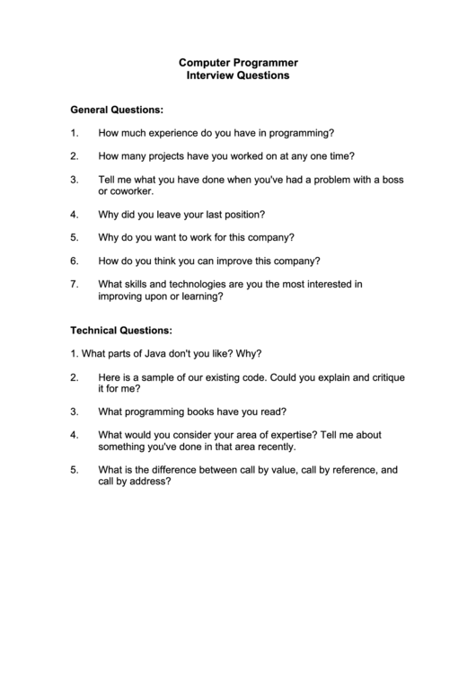 Computer Programmer Interview Questions Printable pdf
