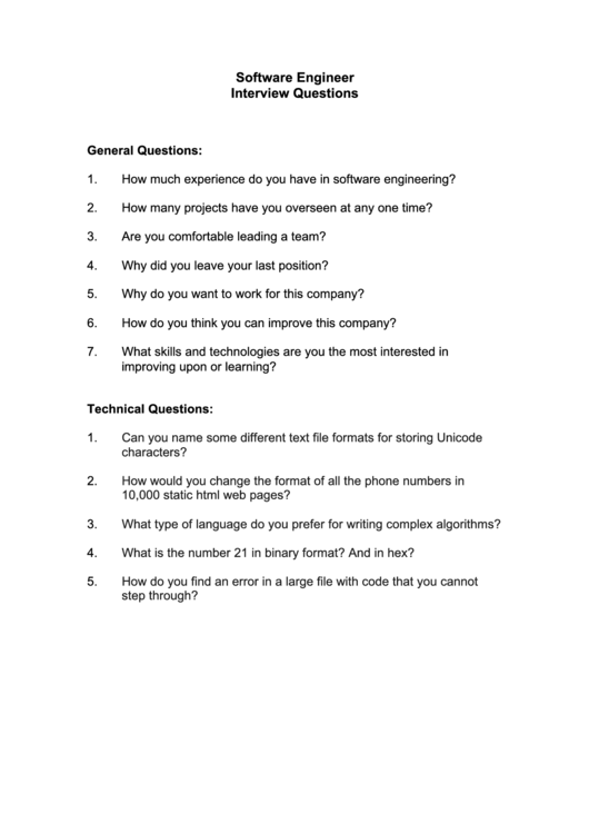 Software Engineer Interview Questions Template Printable pdf