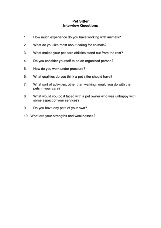 Pet Sitter Interview Questions Printable pdf