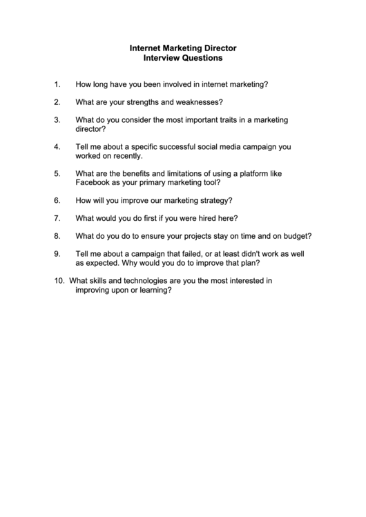 Internet Marketing Director Interview Questions Template Printable pdf