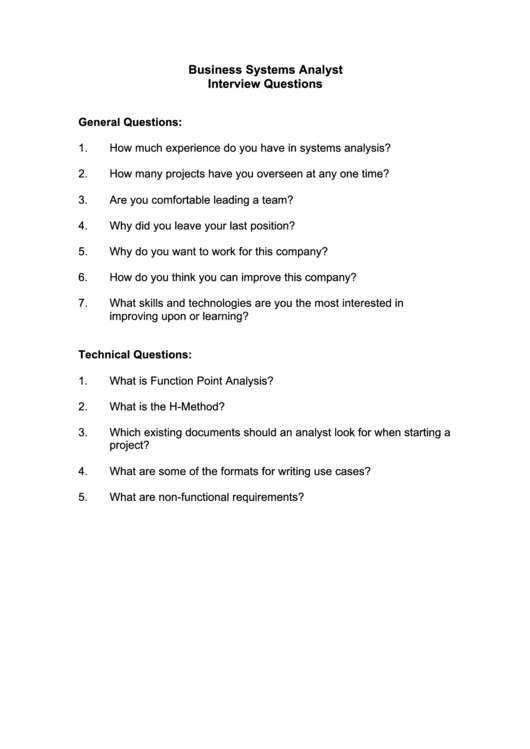 Business System Analyst Interview Questions Template Printable pdf