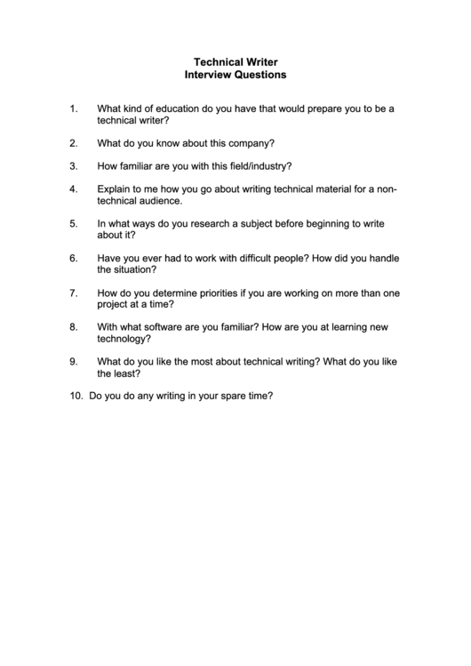 Technical Writer Interview Questions Printable pdf