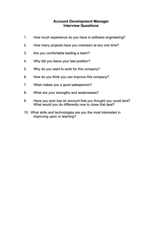 Account Development Manager Interview Questions Template Printable pdf