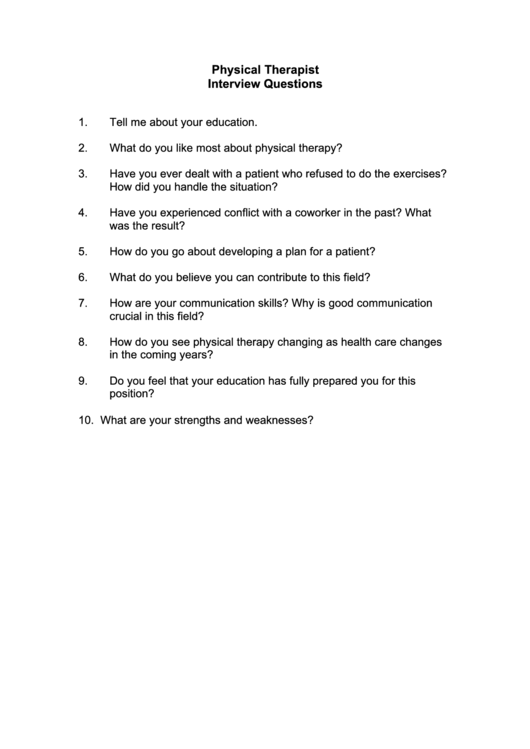 Physical Therapist Interview Questions Printable pdf