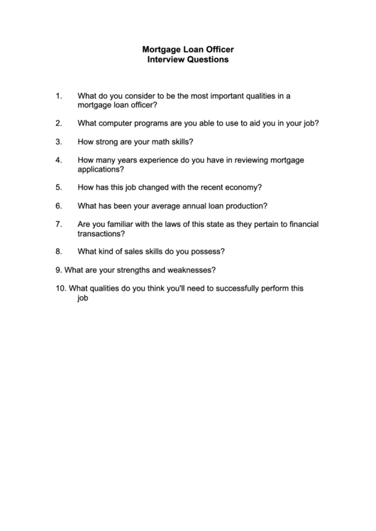 Mortgage Loan Officer Interview Questions Printable pdf