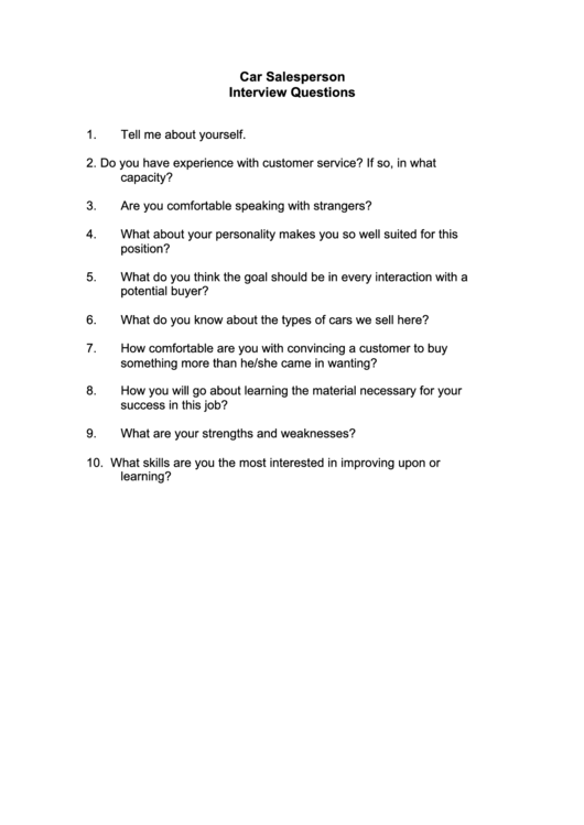 Car Salesperson Interview Questions Template Printable pdf