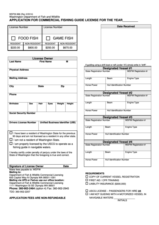 Wdfw-886 - Application For Commercial Fishing Guide License Printable pdf