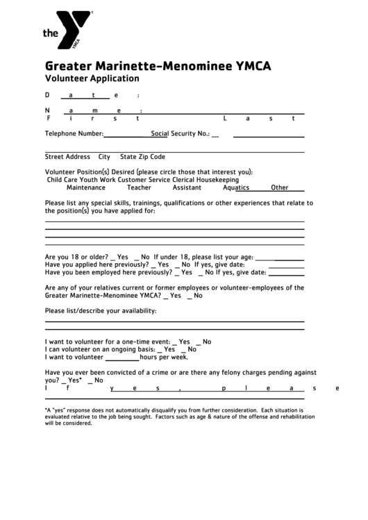 Menominee Ymca Volunteer Application Printable pdf