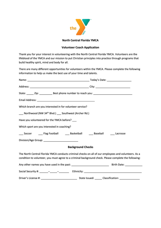 North Central Florida Ymca Volunteer Coach Application Printable pdf
