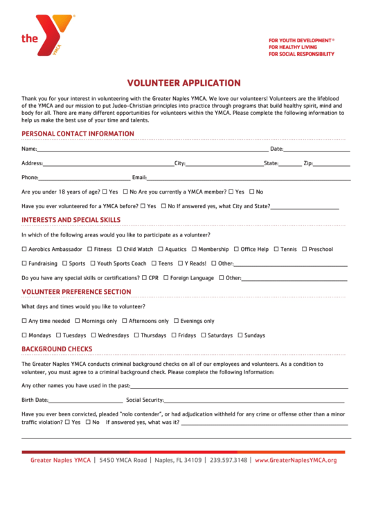 Greater Naples Ymca Volunteer Application Printable pdf