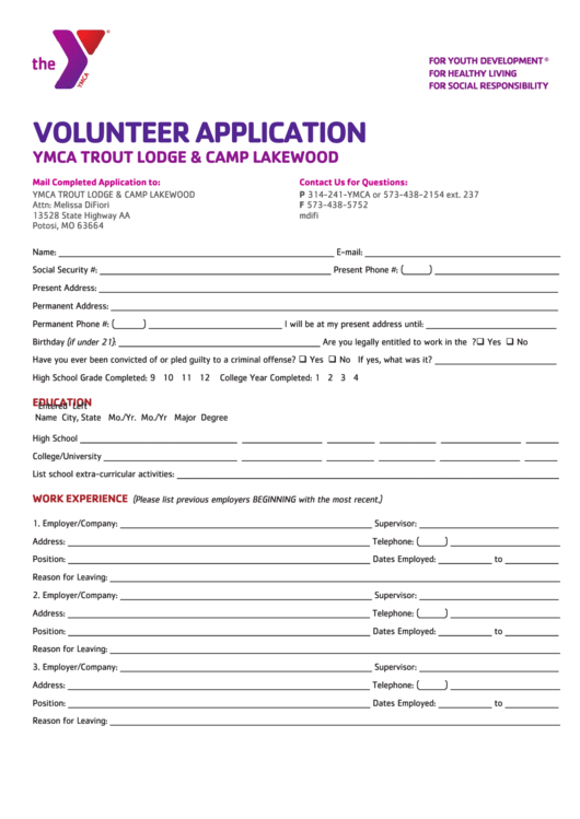 Volunteer Application Form Ymca Trout Lodge & Camp Lakewood Printable pdf