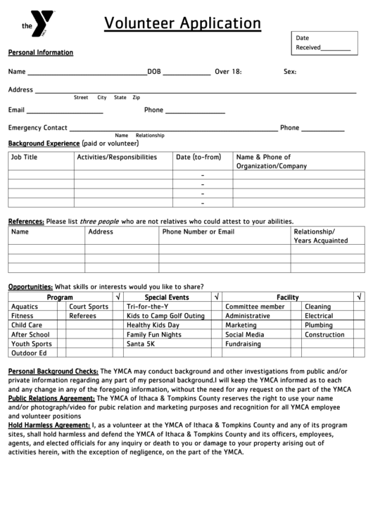 Fillable Ymca Of Ithaca & Tompkins County Volunteer Application Form Printable pdf
