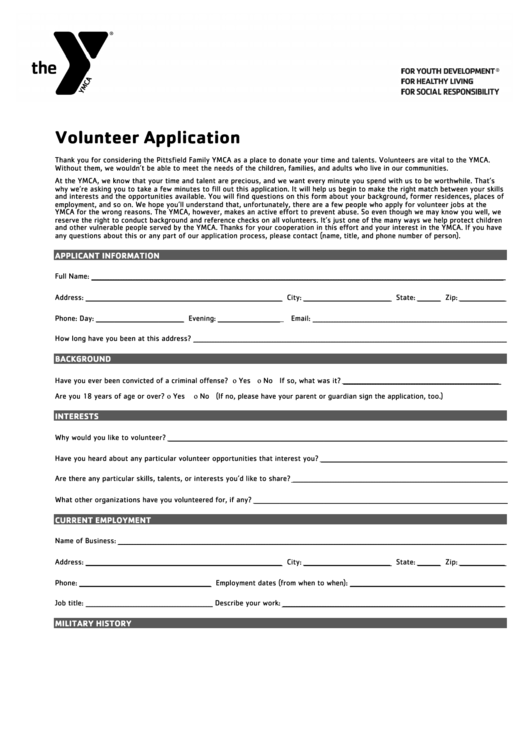 Fillable Pittsfield Family Ymca Volunteer Application Form Printable pdf