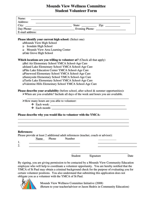 Mounds View Wellness Committee Student Volunteer Form Printable pdf