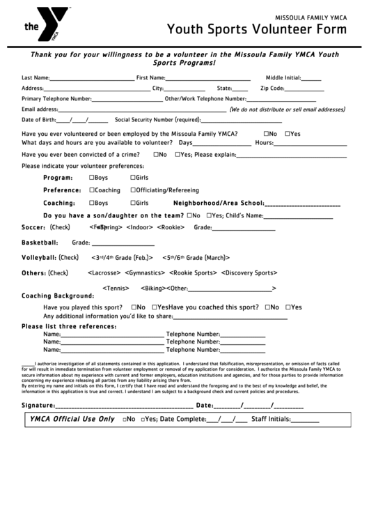 Fillable Missoula Family Ymca Youth Sports Volunteer Form Printable pdf