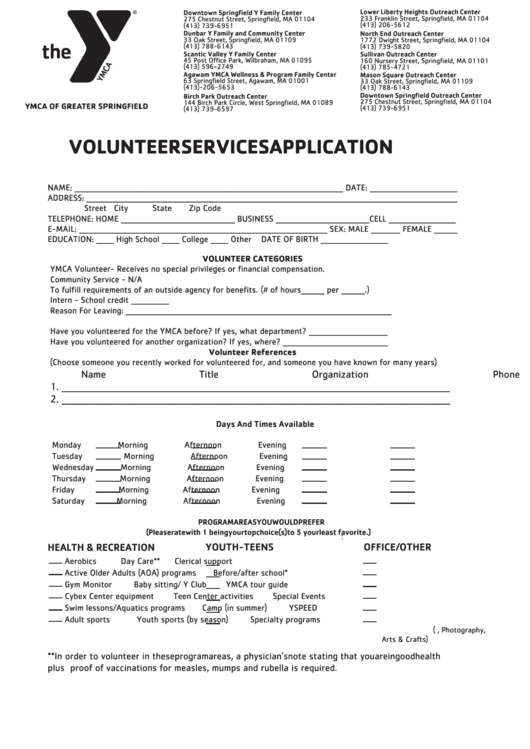 Fillable Ymca Of Greater Springfield Volunteer Services Application Printable pdf