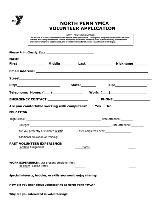 North Penn Ymca Volunteer Application printable pdf download
