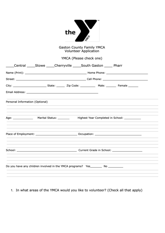 Gaston County Family Ymca Volunteer Application Printable pdf