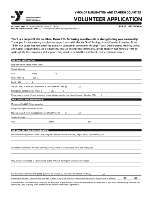 Fillable Ymca Of Burlington And Camden Counties Volunteer Application Template Printable pdf