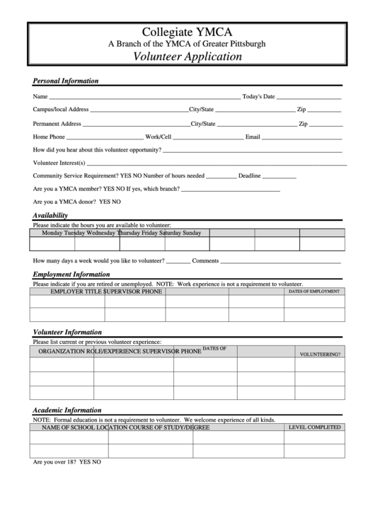 Collegiate Ymca Volunteer Application Form Printable pdf