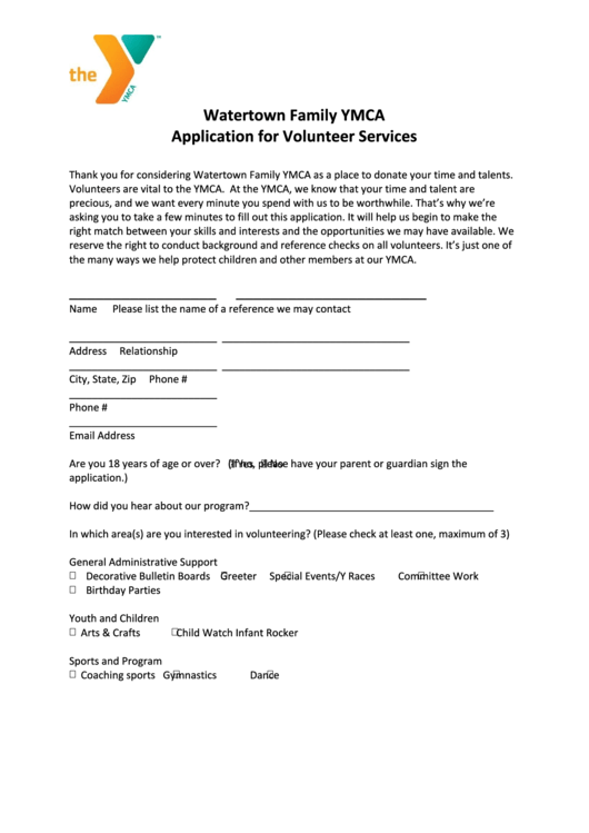 Watertown Family Ymca Application For Volunteer Services Printable pdf