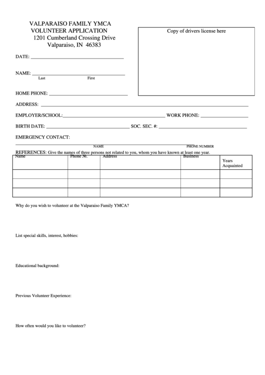 Valparaiso Family Ymca Volunteer Application Printable pdf