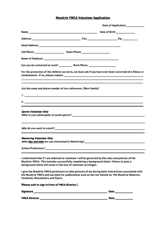 Fillable Moultrie Ymca Volunteer Application Printable pdf
