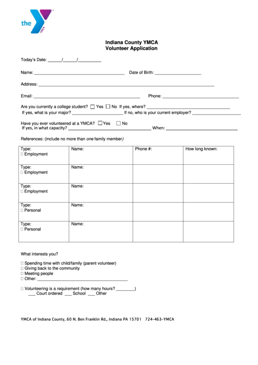 Indiana County Ymca Volunteer Application Printable pdf