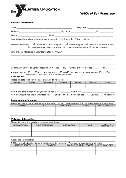 Fillable Volunteer Application Form Ymca Of San Francisco Printable pdf