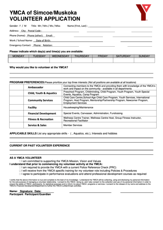 Ymca Of Simcoe/muskoka Volunteer Application Printable pdf