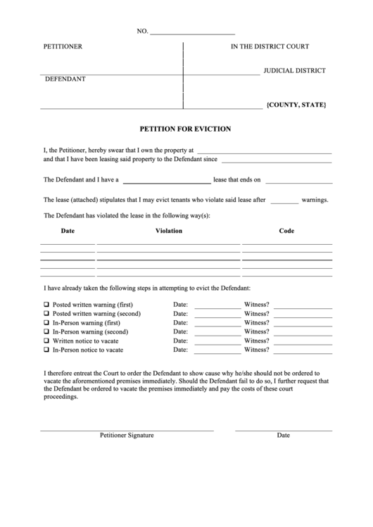 Petition For Eviction Printable pdf