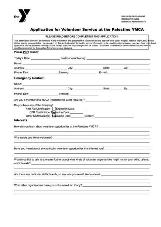 Application For Volunteer Service At The Palestine Ymca Form Printable pdf