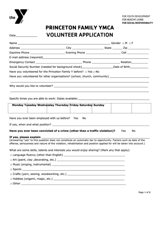 Princeton Family Ymca Volunteer Application Printable pdf