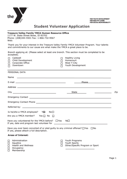 Treasure Valley Family Ymca Student Volunteer Application Printable pdf