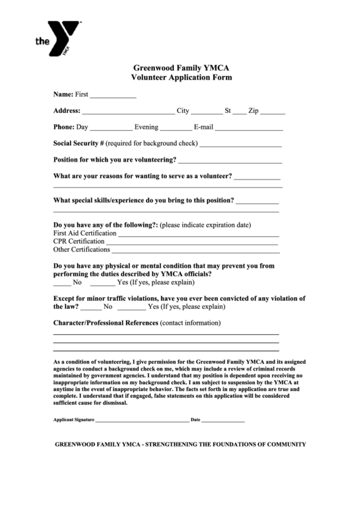 Greenwood Family Ymca Volunteer Application Form Printable pdf