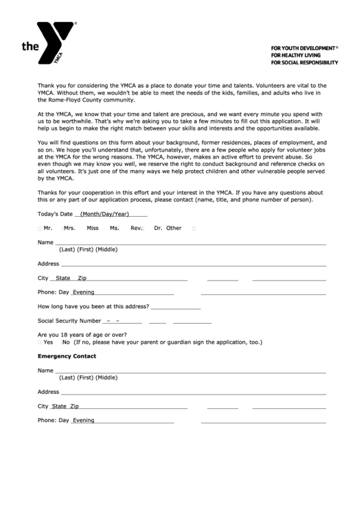 Ymca Volunteer Application Form Printable pdf