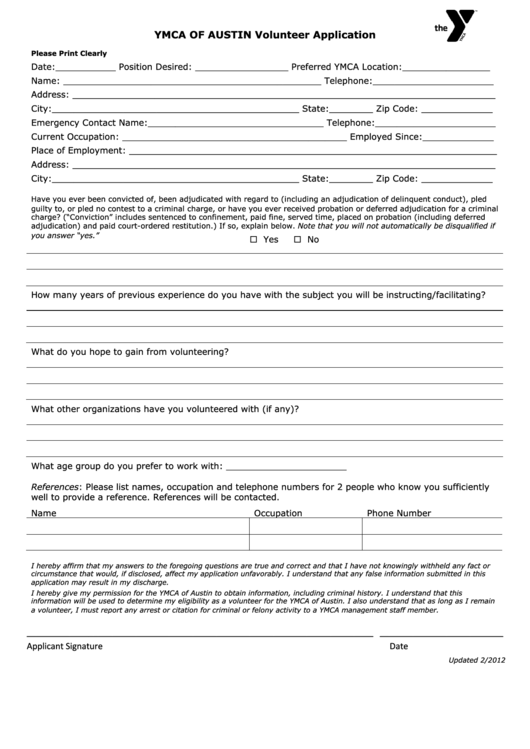 Ymca Of Austin Volunteer Application Form Printable pdf