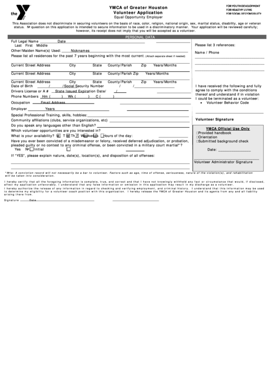 Ymca Of Greater Houston Volunteer Application Printable pdf