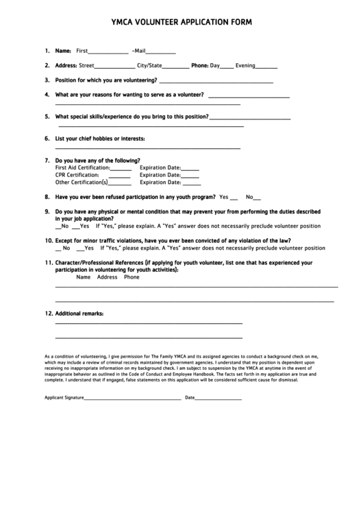 Ymca Volunteer Application Form Printable Pdf Download