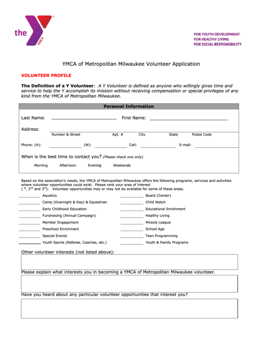 Ymca Of Metropolitan Milwaukee Volunteer Application Printable pdf