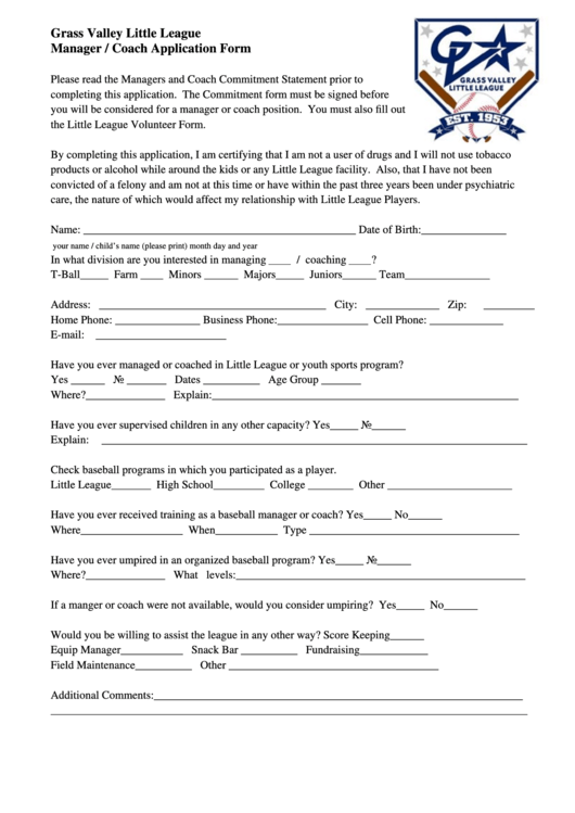 Grass Valley Little League Manager / Coach Application Form