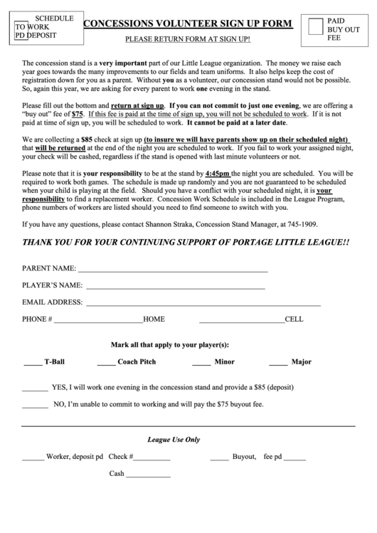 Concessions Volunteer Sign Up Form Printable pdf