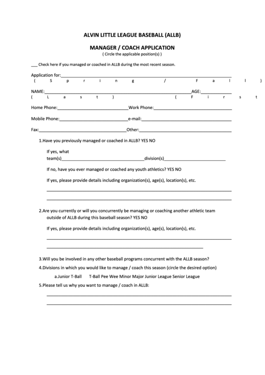 Alvin Little League Baseball (Allb) Manager / Coach Application Printable pdf
