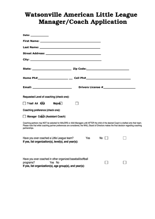 Watsonville American Little League Manager/coach Application Printable pdf