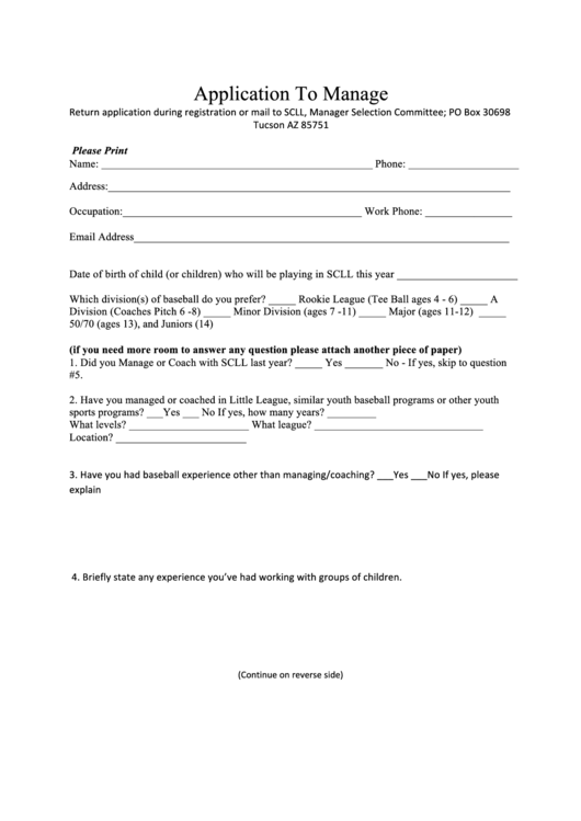Application Form To Manage Printable pdf
