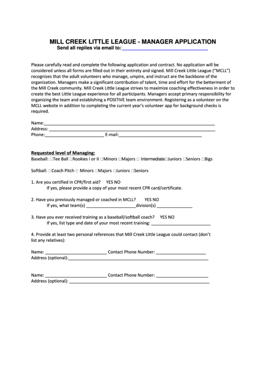 Fillable Mill Creek Little League - Manager Application Printable pdf